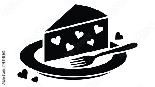 A black and white illustration of a slice of cake with hearts on a plate