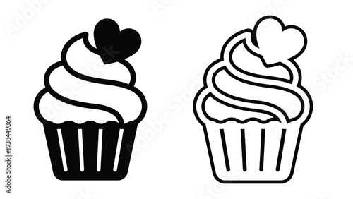 Two black and white cupcake icons with hearts on top of frosting