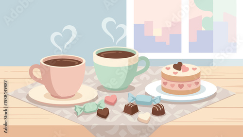 A romantic table setting with coffee, cake, and chocolates on a wooden table