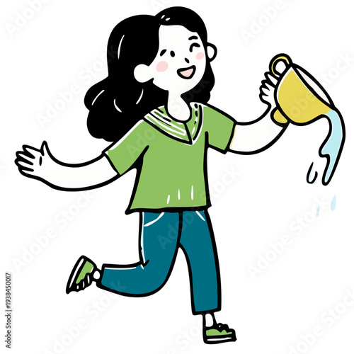 Woman Spilling The Tea, Hand drawn gen z millenial slang idiom illustration, meme vector cute character gossip icon for social media, flat corporate style character pop culture, serving served hot tea