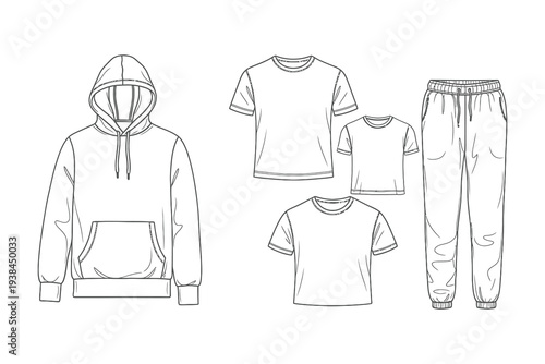 A collection of casual clothing items including hoodies and t-shirts for everyday wear