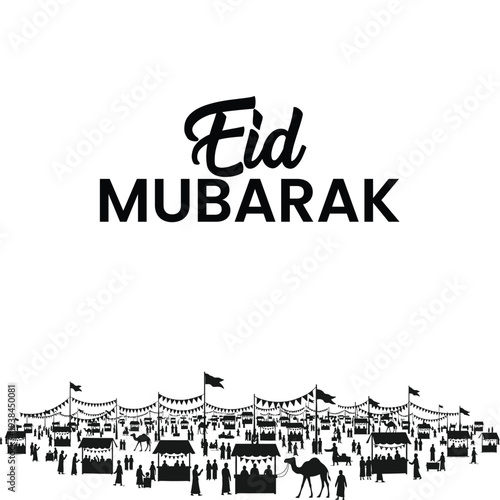 Vibrant Eid Mubarak celebration with joyful crowd and camel