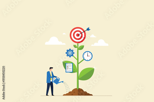 Businessman nurturing growth with target on plant symbolizing strategy