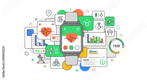 Smartwatch displaying health data surrounded by various digital icons and charts from a top-down viewpoint