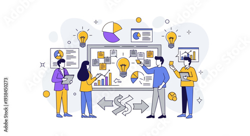 Team brainstorming with charts and graphs on a large screen in a modern office from a slightly elevated viewpoint