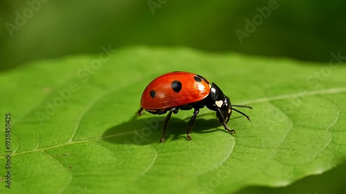 A vibrant ladybug with black spots perched delicately on a lush green leaf