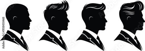 Men hairstyle silhouette vector illustration with shaved head, tousled hair, sleek style, combed-back design, fashion grooming artwork concept for male character design