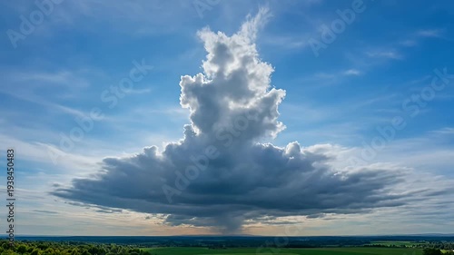 Towering cumulonimbus cloud casting a rain shower on a lush green landscape