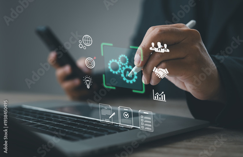 Artificial intelligence automating digital workflow and business processes on virtual interface with gears and analytics icons. Concept of AI technology, smart management, productivity, and innovation