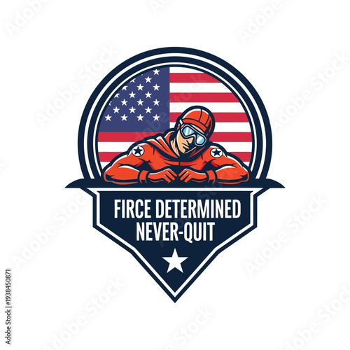 Patriotic superhero emblem with american flag and determined expression on white