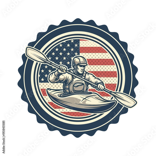 Kayaker on american flag background in circular emblem with paddle and helmet