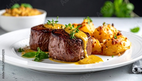 Two juicy beef medallions atop white plate with roasted potatoes & sauce, herbs garnish, bowl of grains background