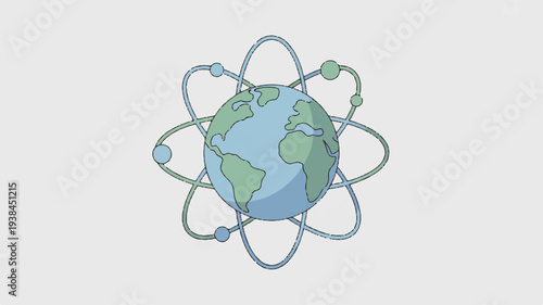Minimal vector illustration of earth surrounded by orbiting electrons symbolizing global connection and science