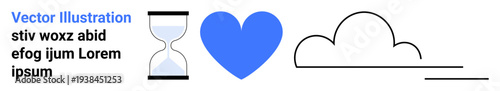 Time, love, emotions, cloud computing, data storage, connection. Hourglass, heart and cloud symbols in minimal style. Time and love highlight emotional and conceptual connections