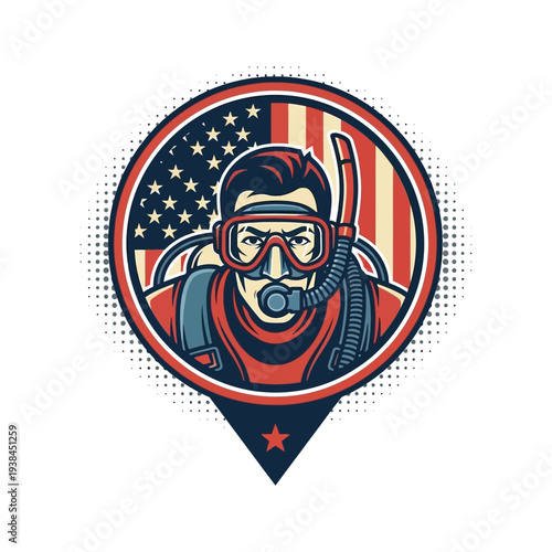 Diver in red gear with american flag background scuba diving logo