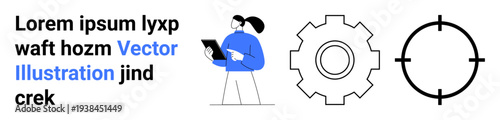 Business strategy, technology, goal setting, team management, digital optimization, workflow improvement. Businesswoman holding a tablet, gear and target symbols. Strategy and technology concept