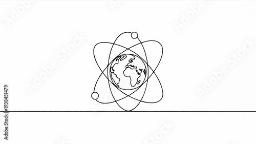 Minimalist line drawing of earth orbiting within an atom symbolizing global connection and science