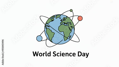 World science day vector illustration with earth surrounded by orbiting atoms in space