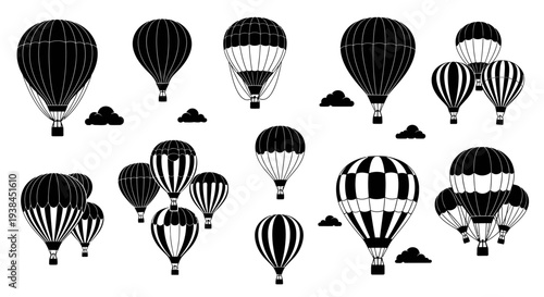 Collection of Black and White Hot Air Balloons Silhouettes with Clouds