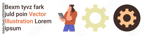 Innovation, problem-solving, technology concepts, brainstorming, creativity, workflow. Man holding a tablet while thinking next to two gear icons. Innovation and problem-solving concept