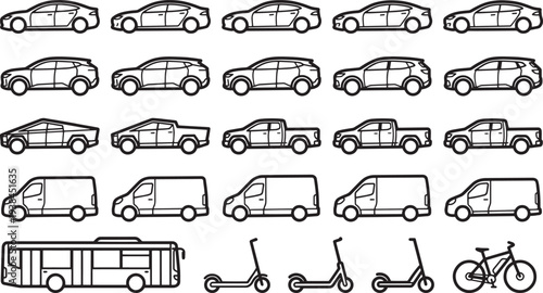 Transportation icons: Diverse monochrome vehicles isolated against a clear background, representing various modes of transport.
