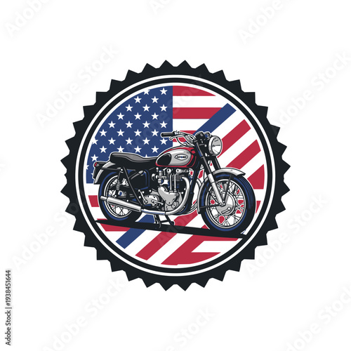 Vintage american motorcycle on usa flag badge