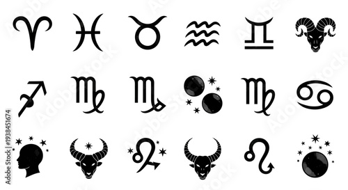 Astrology Zodiac Signs Symbols Icons Set, Horoscope Constellations Celestial Icons