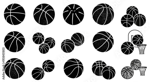 Basketball Collection: Various Balls and Hoops in Black and White Graphics
