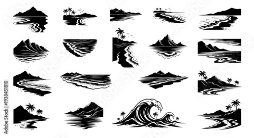 Black and White Silhouette Collection of Tropical Beach and Mountain Landscapes