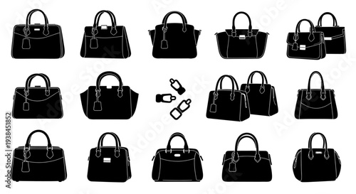 Black Handbag Icons Set: Fashionable Women's Bags Collection