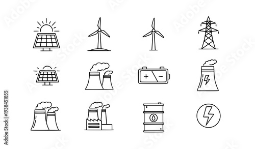 A set of vector icons illustrating various renewable energy sources and power generation methods