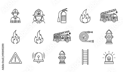 A set of flat line art icons depicting firefighting and emergency response