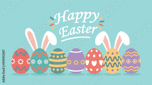 Happy Easter Greeting Card with Colorful Decorated Eggs and Bunny Ears.