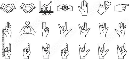 Big line icon set of human hands with different signs. 20 mono linear web graphic pictograms. Outline symbols of gesture arms. Business, friendship, love, language, pointer concept. Vector2