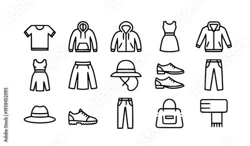 A set of minimalist fashion icons and clothing illustrations in a flat design style