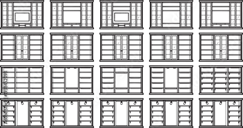 Abstract geometric pattern of repeated rectangular shapes with framed center openings in a simple monochrome palette.