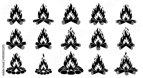Collection of Black and White Campfire Icons: Wood, Flames, and Rocks