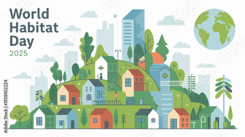 Vibrant illustration of eco friendly neighborhood on world habitat day 2025 with green hills trees and sustainable homes