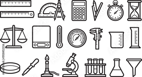 A comprehensive collection of scientific tools meticulously arranged in a visual inventory, designed to represent scientific endeavor and analytical instrumentation. 
