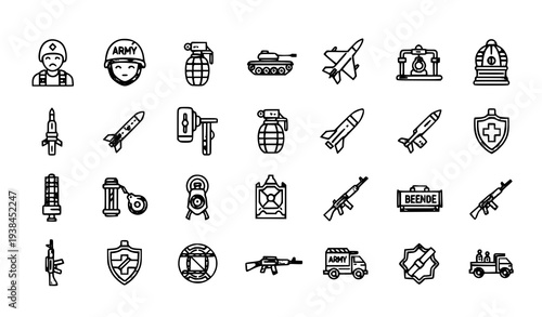 A collection of military icons and symbols in a flat line art style