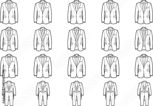 An elegant array of formal wear options showcases a variety of classic suit designs. perfect for visualizing fashion and style.