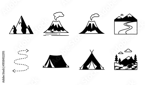 A set of minimalist camping icons featuring mountains, volcanoes, and tents in a flat design style