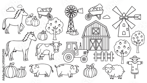 Farm animals and objects illustrations including horses pigs sheep tractor barn windmill and pumpkins on white background for coloring book pages  farm themed clip art set