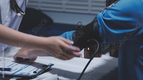 Doctor using stethoscope take a tap on the patient's arm and pressing pressure gauge button.