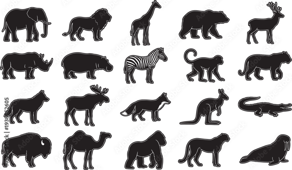 Fototapeta premium A striking silhouette collection of diverse wild animals. This image features a range of fauna, each rendered in bold, contrasting black and a neutral background.