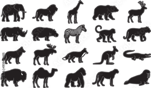 A striking silhouette collection of diverse wild animals. This image features a range of fauna, each rendered in bold, contrasting black and a neutral background.