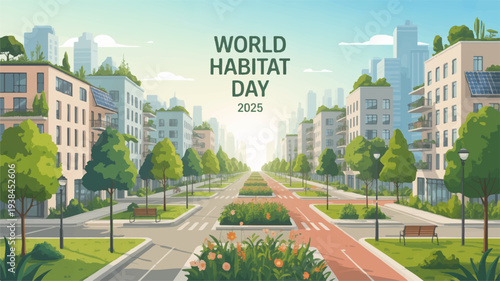 World habitat day concept with a modern cityscape and green infrastructure featuring a wide road trees and buildings under a sunny sky with a bright sun