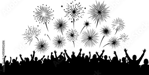 Fireworks celebration crowd silhouette vector isolated on white background.