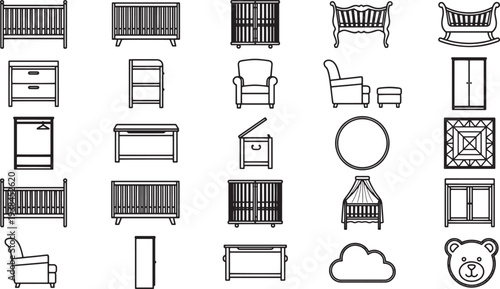 Array of baby furniture outline in various style on display. Offering a glimpse into the diverse world of design with iconic baby furniture, from cribs and changing tables to chairs.