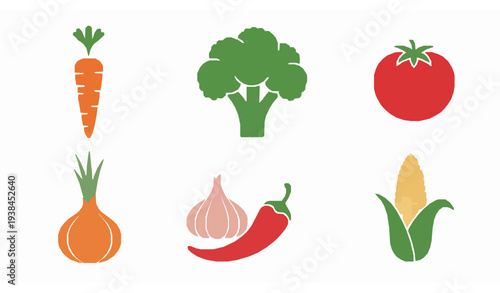 A colorful vector graphic illustration of various vegetables on a white background